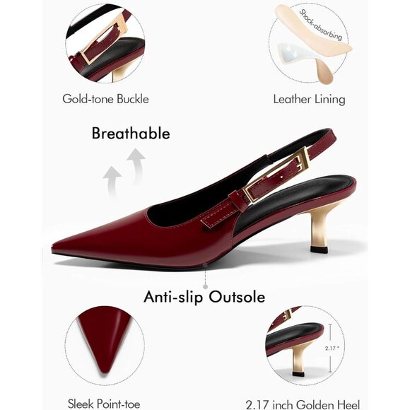 Women's Burgundy Slingback Kitten Heels Closed Pointed Toe Pumps Buckle Strap - Picture 4 of 6